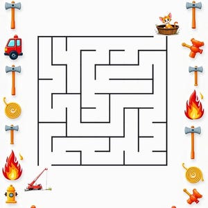 Peut inclure: Un labyrinthe carr&eacute; entour&eacute; d'une bordure d'illustrations sur le th&egrave;me des pompiers, incluant des camions rouges, des bouches d'incendie jaunes, des flammes orange, des haches grises et des tuyaux jaunes, avec un chaton orange dans un panier.