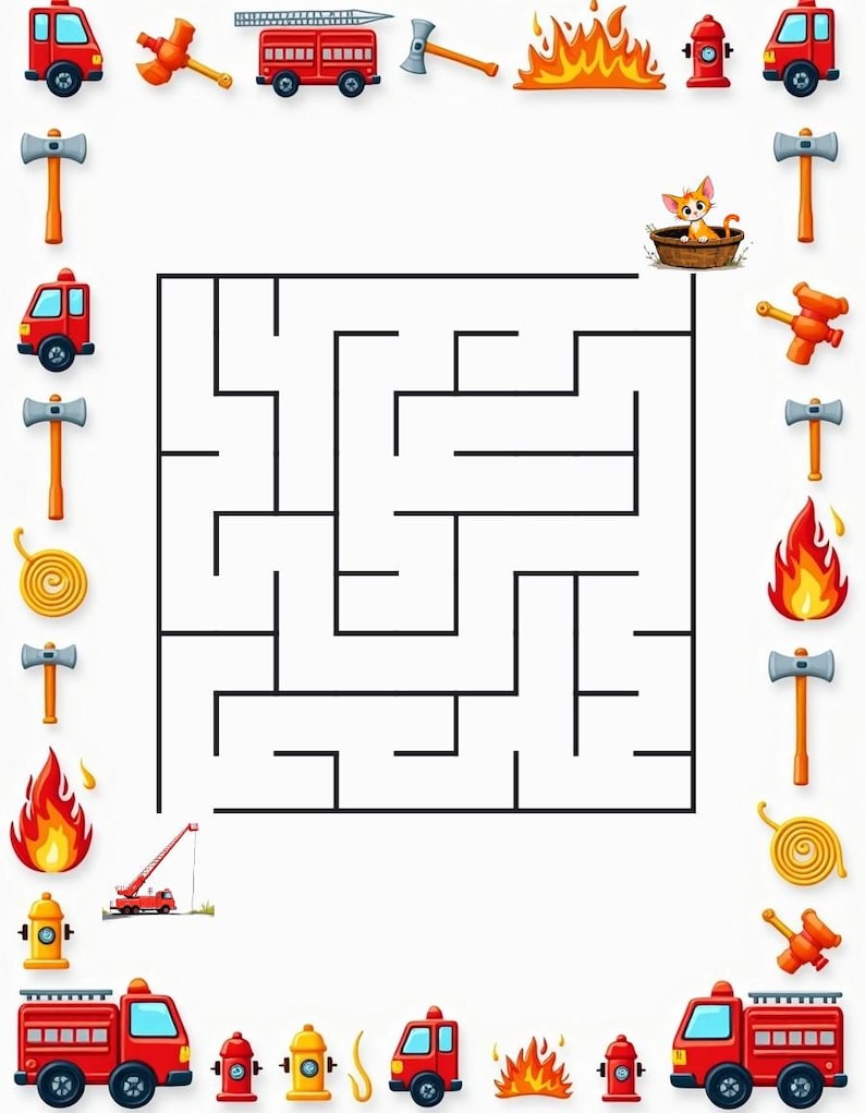 Peut inclure: Un labyrinthe carr&eacute; entour&eacute; d'une bordure d'illustrations sur le th&egrave;me des pompiers, incluant des camions rouges, des bouches d'incendie jaunes, des flammes orange, des haches grises et des tuyaux jaunes, avec un chaton orange dans un panier.