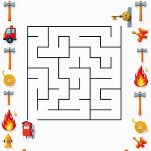 Peut inclure: Un labyrinthe carr&eacute; entour&eacute; d'une bordure d'illustrations sur le th&egrave;me des pompiers, comprenant des camions rouges, des bouches d'incendie jaunes, des flammes orange, des haches argent&eacute;es, une cl&eacute; dor&eacute;e et une alarme incendie rouge.