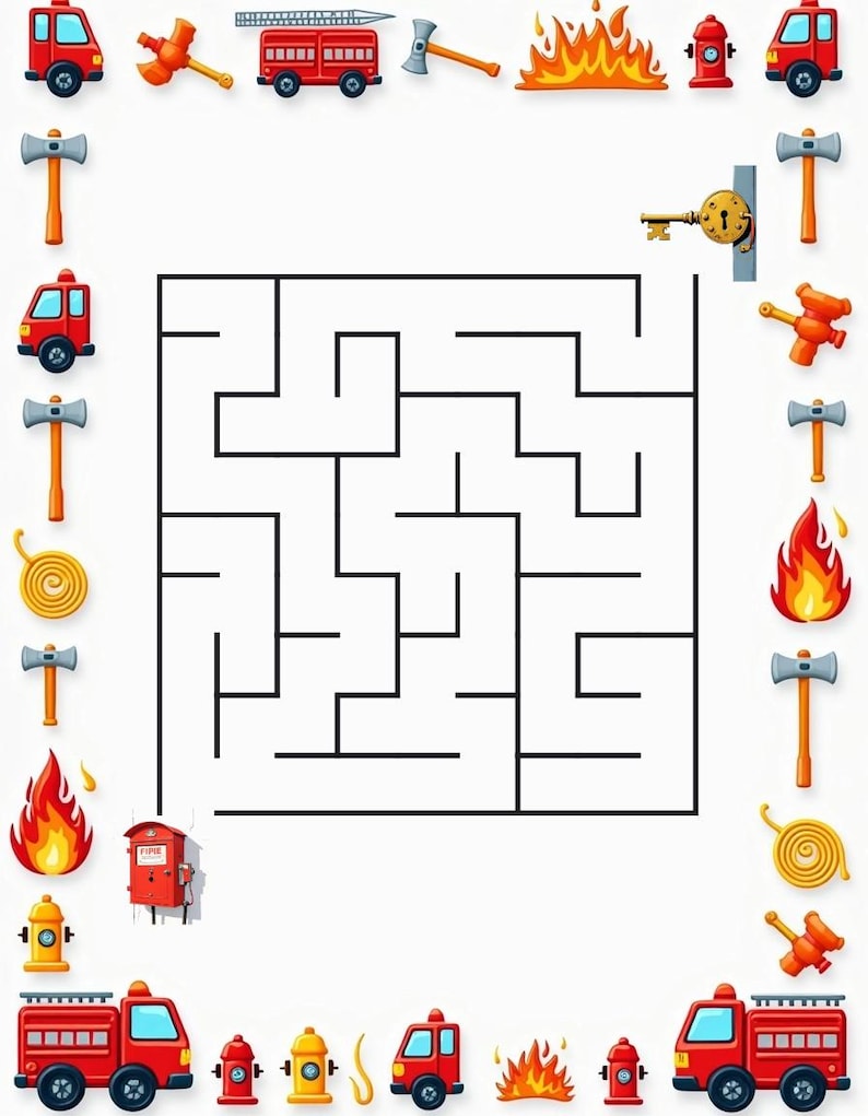 Peut inclure: Un labyrinthe carr&eacute; entour&eacute; d'une bordure d'illustrations sur le th&egrave;me des pompiers, comprenant des camions rouges, des bouches d'incendie jaunes, des flammes orange, des haches argent&eacute;es, une cl&eacute; dor&eacute;e et une alarme incendie rouge.