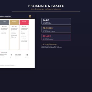 Op de afbeelding: Een donkerblauwe afbeelding met de tekst "PREISLISTE & PAKETE" en "Deine DJ-Leistungen professionell pr&auml;sentiert." De afbeelding bevat drie kolommen met de labels "BASIC", "PREMIUM" en "DELUXE", met extra diensten.