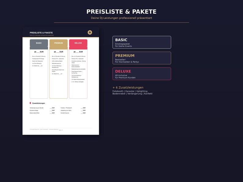 Op de afbeelding: Een donkerblauwe afbeelding met de tekst "PREISLISTE & PAKETE" en "Deine DJ-Leistungen professionell pr&auml;sentiert." De afbeelding bevat drie kolommen met de labels "BASIC", "PREMIUM" en "DELUXE", met extra diensten.