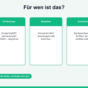 May include: A white infographic with the title F&uuml;r wen ist das? and the logo ki. Three green-topped rectangular boxes contain text: KI-Neulinge, Skeptiker, and Schenker. Below, a green pill-shaped button displays Teil 1 der Reihe KI-Guide mit Lara.