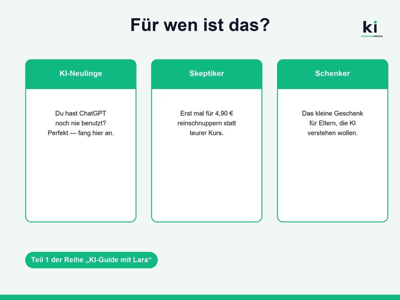 May include: A white infographic with the title F&uuml;r wen ist das? and the logo ki. Three green-topped rectangular boxes contain text: KI-Neulinge, Skeptiker, and Schenker. Below, a green pill-shaped button displays Teil 1 der Reihe KI-Guide mit Lara.