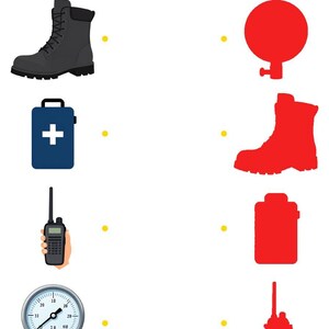 May include: An educational matching worksheet titled Find the correct shadow featuring a black boot, a blue first aid kit, a black walkie-talkie, and a silver pressure gauge on the left, with corresponding red silhouettes on the right side.