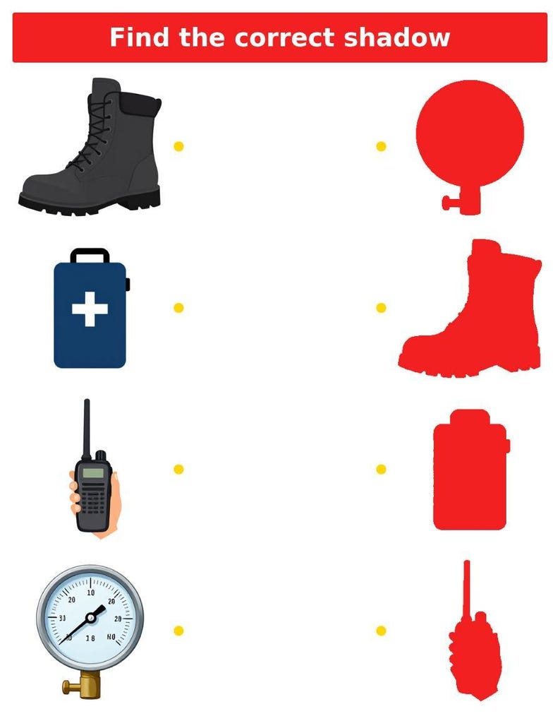 May include: An educational matching worksheet titled Find the correct shadow featuring a black boot, a blue first aid kit, a black walkie-talkie, and a silver pressure gauge on the left, with corresponding red silhouettes on the right side.