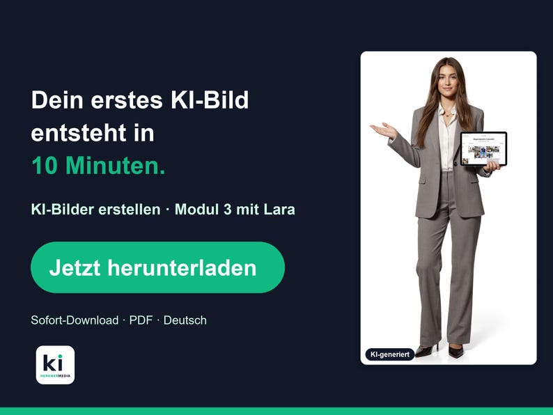 May include: A dark blue promotional graphic featuring white and green text that reads: Dein erstes KI-Bild entsteht in 10 Minuten. KI-Bilder erstellen Modul 3 mit Lara. A green button says Jetzt herunterladen. A photo shows a person in a grey suit holding a tablet.