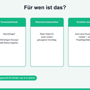 May include: A white informational graphic with the heading F&uuml;r wen ist das? and the logo ki. Three green-topped boxes list target groups: Feuerwehrleute, Brandschutzerzieher, and Erzieher:innen with German text. A green button at the bottom reads Altersgerecht f&uuml;r Kinder von 4&ndash;6 Jahren.