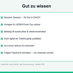 K&ouml;nnte beinhalten: Eine wei&szlig;e Infografik mit der &Uuml;berschrift Gut zu wissen und einem gr&uuml;nen Logo in der Ecke. Sie enth&auml;lt sechs Aufz&auml;hlungspunkte auf Deutsch zu DJ-Event-Vorlagen, einschlie&szlig;lich Hinweisen zur digitalen Nutzbarkeit, Wiederverwendbarkeit und Herkunft.