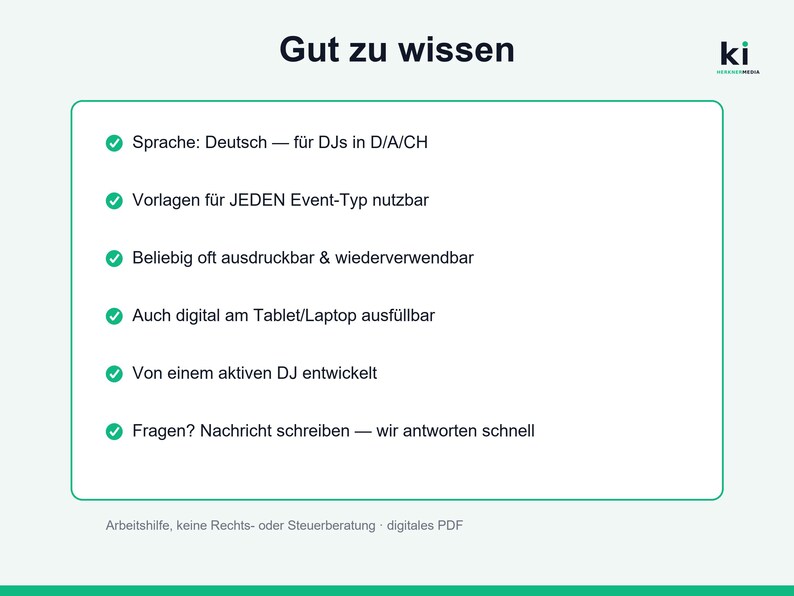 K&ouml;nnte beinhalten: Eine wei&szlig;e Infografik mit der &Uuml;berschrift Gut zu wissen und einem gr&uuml;nen Logo in der Ecke. Sie enth&auml;lt sechs Aufz&auml;hlungspunkte auf Deutsch zu DJ-Event-Vorlagen, einschlie&szlig;lich Hinweisen zur digitalen Nutzbarkeit, Wiederverwendbarkeit und Herkunft.