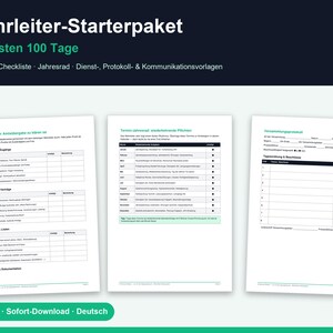 Op de afbeelding: Een digitale starterskit voor brandweerleiders getiteld Wehrleiter-Starterpaket Die ersten 100 Tage. Het bevat zes PDF-documenten met checklists, een jaarkalender en sjablonen voor dienst-, notulen- en communicatievoorbereidingen.