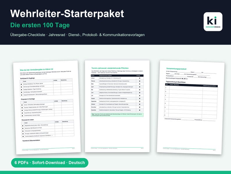 May include: A digital starter kit for fire department leaders titled Wehrleiter-Starterpaket Die ersten 100 Tage. It includes six PDF documents featuring checklists, an annual calendar, and templates for service, meeting minutes, and communication.