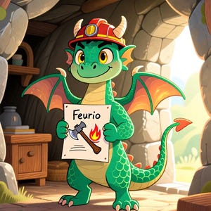 K&ouml;nnte beinhalten: Ein gr&uuml;ner Drache mit einem rot-gelben Schutzhelm h&auml;lt ein wei&szlig;es Schild mit der Aufschrift Feurio &uuml;ber einer Abbildung einer Axt und einer Flamme. Der Drache hat orangefarbene Fl&uuml;gel, einen langen Schwanz mit herzf&ouml;rmiger Spitze und gelbe Augen.