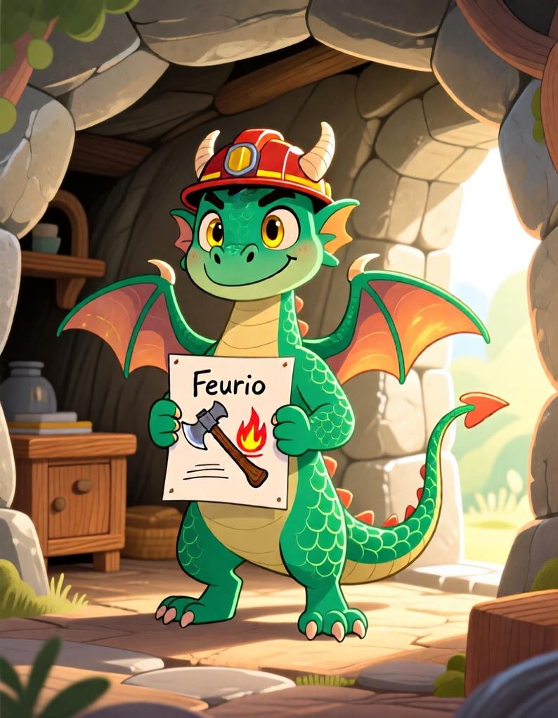 K&ouml;nnte beinhalten: Ein gr&uuml;ner Drache mit einem rot-gelben Schutzhelm h&auml;lt ein wei&szlig;es Schild mit der Aufschrift Feurio &uuml;ber einer Abbildung einer Axt und einer Flamme. Der Drache hat orangefarbene Fl&uuml;gel, einen langen Schwanz mit herzf&ouml;rmiger Spitze und gelbe Augen.