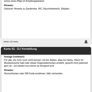 May include: Two cards with German text, one welcoming guests to a wedding and providing instructions. The second card introduces the DJ, Stefan, and encourages guests to make requests. Includes a note about QR codes.
