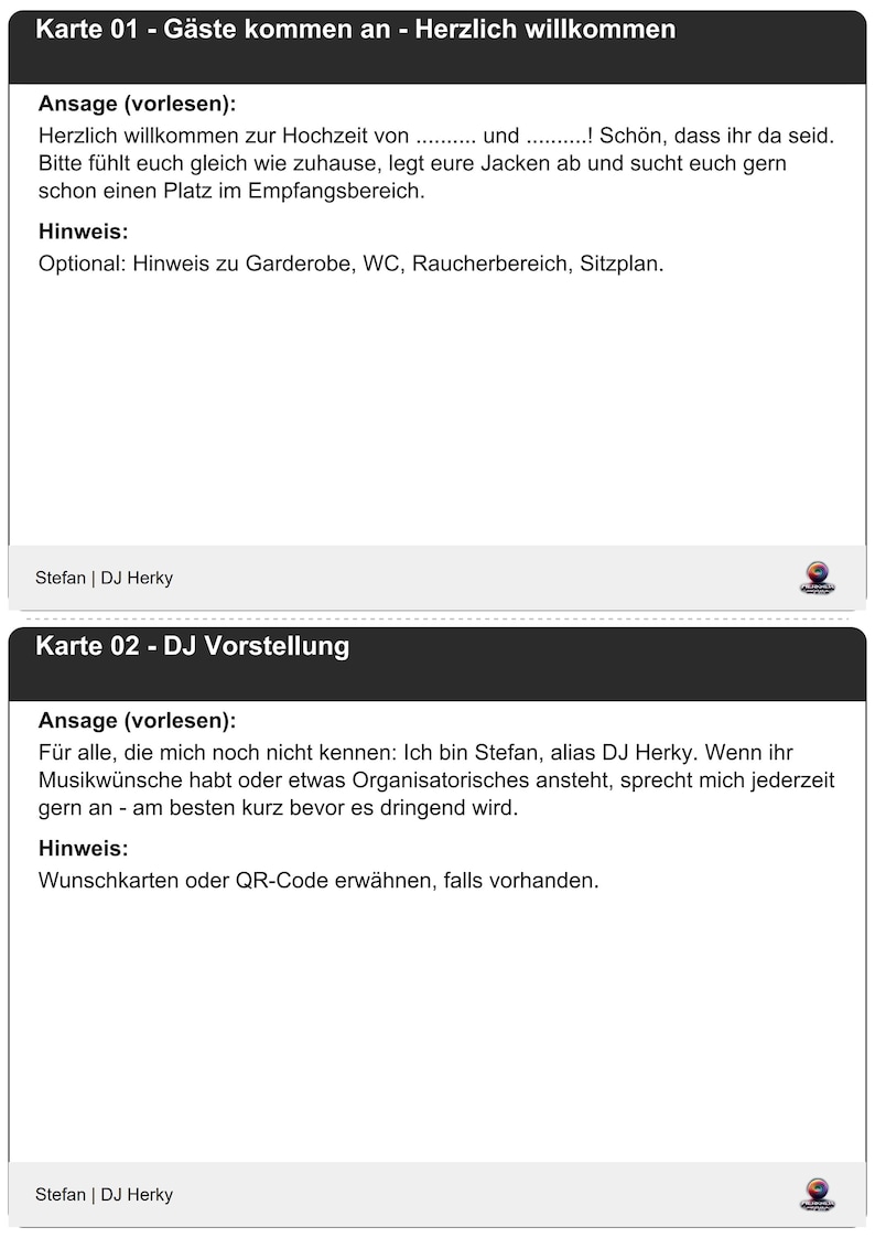 May include: Two cards with German text, one welcoming guests to a wedding and providing instructions. The second card introduces the DJ, Stefan, and encourages guests to make requests. Includes a note about QR codes.