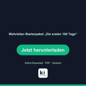 May include: A dark blue digital graphic featuring the white text Wehrleiter-Starterpaket Die ersten 100 Tage above a green button with the white text Jetzt herunterladen. Below the button is the text Sofort-Download PDF Deutsch and a logo with ki.