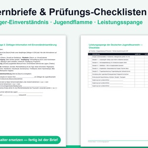 Puede incluir: Dos documentos blancos con texto negro y detalles en verde titulados Elternbriefe & Pr&uuml;fungs-Checklisten. La p&aacute;gina izquierda es un formulario de consentimiento para campamentos y la derecha es una lista de verificaci&oacute;n para bomberos j&oacute;venes.