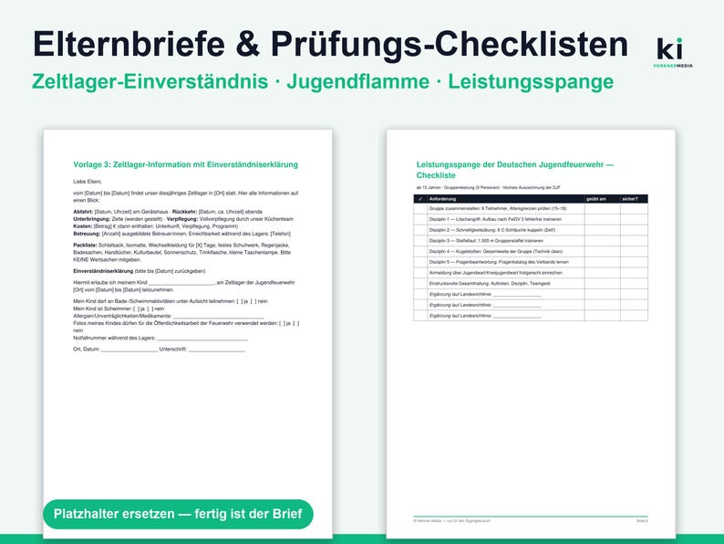 Puede incluir: Dos documentos blancos con texto negro y detalles en verde titulados Elternbriefe & Pr&uuml;fungs-Checklisten. La p&aacute;gina izquierda es un formulario de consentimiento para campamentos y la derecha es una lista de verificaci&oacute;n para bomberos j&oacute;venes.