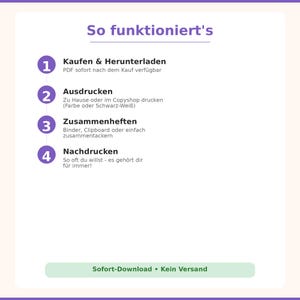 Puede incluir: Un gr&aacute;fico con el texto "So funktioniert's" en morado, con pasos numerados para una descarga digital: Comprar y descargar, Imprimir, Ensamblar y Reimprimir. El gr&aacute;fico tambi&eacute;n incluye el texto "Descarga instant&aacute;nea - Sin env&iacute;o".