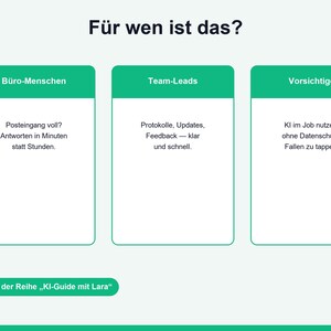 Op de afbeelding: Een grafische afbeelding met de titel F&uuml;r wen ist das? met drie groene rechthoekige vakken met de labels B&uuml;ro-Menschen, Team-Leads en Vorsichtige, met beschrijvende tekst eronder. Onderaan staat een groene knop met de tekst Teil 4 der Reihe KI-Guide mit Lara.