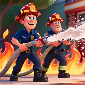May include: Two cartoon firefighters in navy blue uniforms and red helmets holding a fire hose spraying water. They are standing in front of stylised orange and yellow flames. The firefighters have smiling expressions and are wearing black boots.