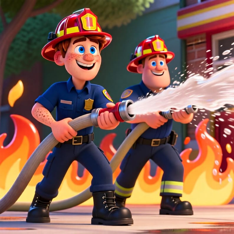 May include: Two cartoon firefighters in navy blue uniforms and red helmets holding a fire hose spraying water. They are standing in front of stylised orange and yellow flames. The firefighters have smiling expressions and are wearing black boots.
