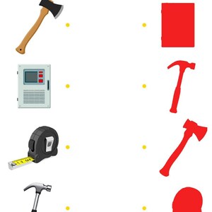 May include: A matching activity worksheet titled Find the correct shadow. The left column displays an axe, an electrical panel, a tape measure, and a hammer. The right column shows four red silhouettes of these tools to be matched by yellow dots.