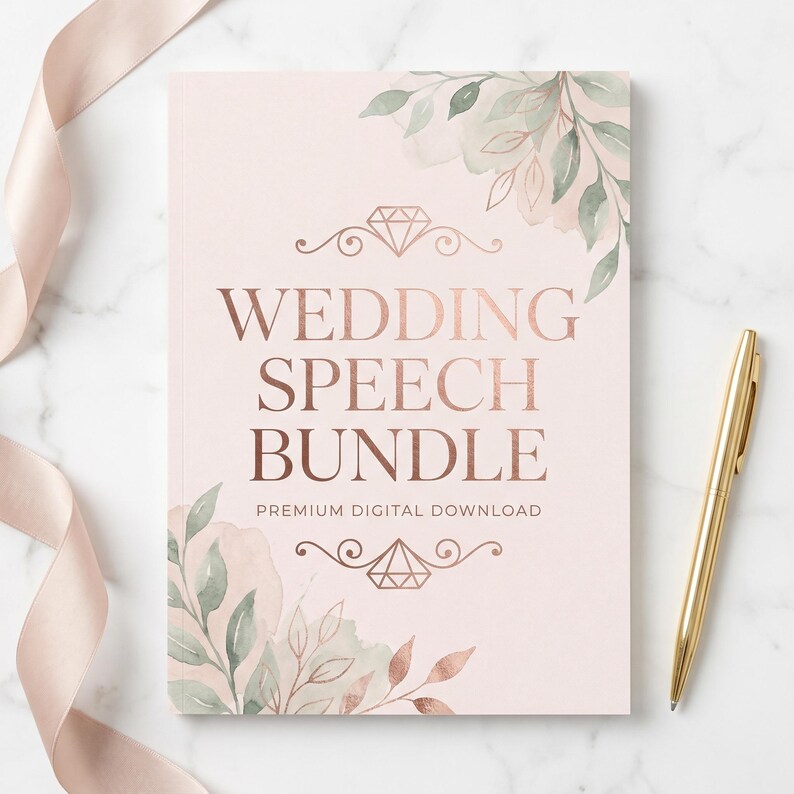 Pu&ograve; includere: Un taccuino rosa chiaro di Wedding Speech Bundle con scritte in oro rosa e accenti floreali ad acquerello. Una penna d'oro &egrave; appoggiata su una superficie di marmo bianco accanto al taccuino. Un nastro rosa &egrave; drappeggiato sullo sfondo.