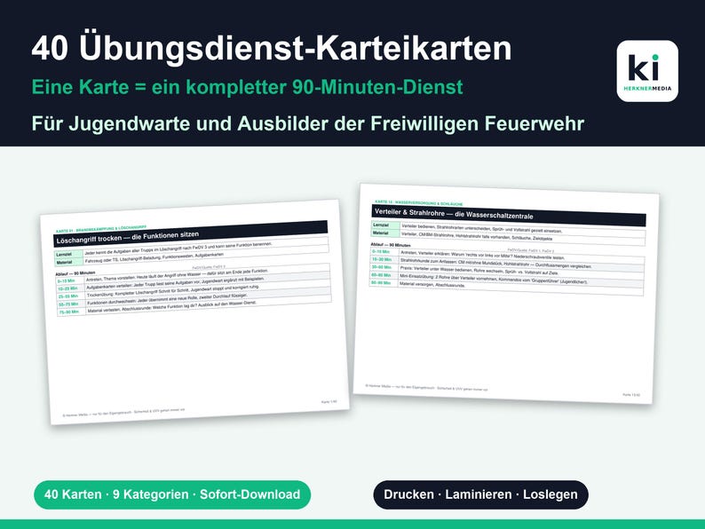 May include: A set of 40 instructional training cards for volunteer fire department instructors. The cards feature detailed 90-minute lesson plans with tables, text, and headers. The design includes a dark blue header and white background.