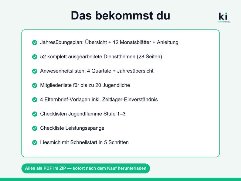 Puede incluir: Una lista de documentos digitales titulada Das bekommst du que incluye un plan de entrenamiento anual, 52 temas de servicio, listas de asistencia, una lista de miembros para 20 j&oacute;venes, 4 plantillas de cartas para padres y gu&iacute;as en PDF.