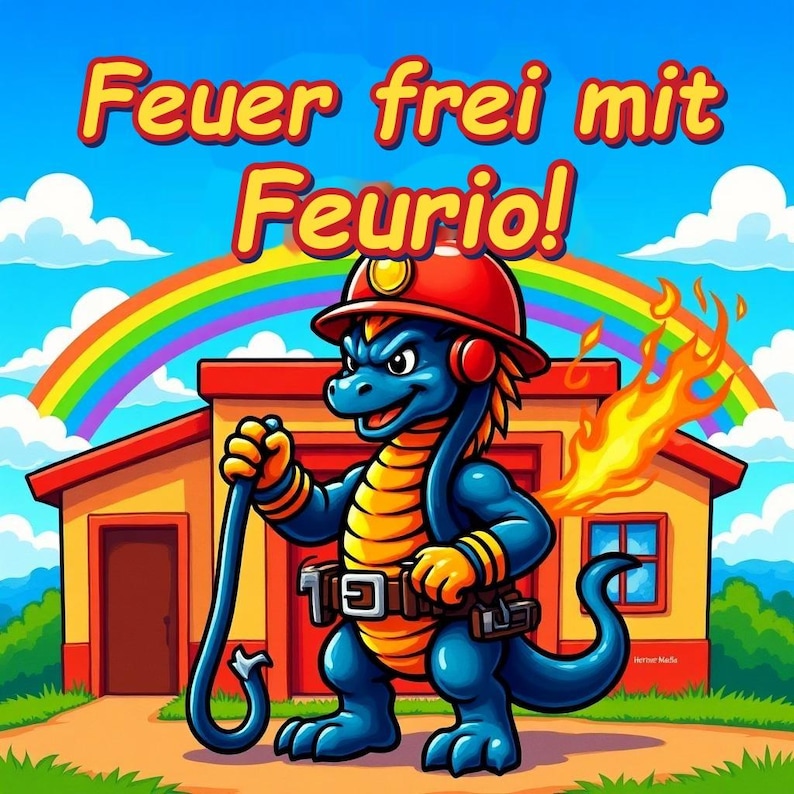 K&ouml;nnte beinhalten: Eine Cartoon-Illustration eines blauen Drachen mit rotem Feuerwehrhelm und Werkzeugg&uuml;rtel, der einen schwarzen Schlauch h&auml;lt. Der Drache steht vor einer gelben Feuerwache mit einem Regenbogen am Himmel. Der Text lautet: Feuer frei mit Feurio!