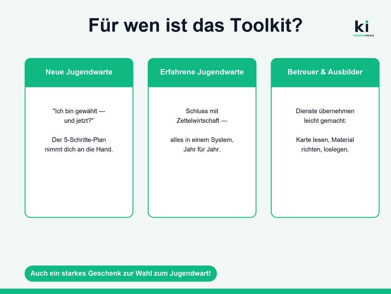 Puede incluir: Un gr&aacute;fico informativo titulado F&uuml;r wen ist das Toolkit? que presenta tres columnas con encabezados verdes para Neue Jugendwarte, Erfahrene Jugendwarte y Betreuer & Ausbilder, con texto descriptivo en alem&aacute;n y un bot&oacute;n verde al pie.