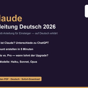 May include: A dark purple digital guide titled Claude Anleitung Deutsch 2026 with white text listing topics including account creation, model comparisons like Haiku, Sonnet, and Opus, and a 14-page PDF format indicator at the bottom with a logo in the corner.