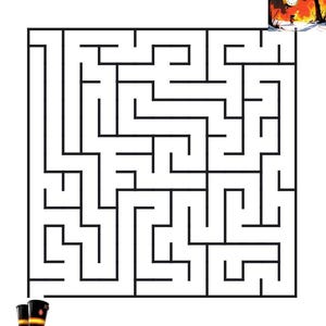 Peut inclure: Un labyrinthe carr&eacute; avec des lignes noires sur fond blanc. Dans le coin sup&eacute;rieur droit, une petite illustration montre un personnage debout dans une for&ecirc;t enneig&eacute;e avec un grand r&eacute;veil jaune dans le ciel. Deux bottes de pluie noires sont en bas.