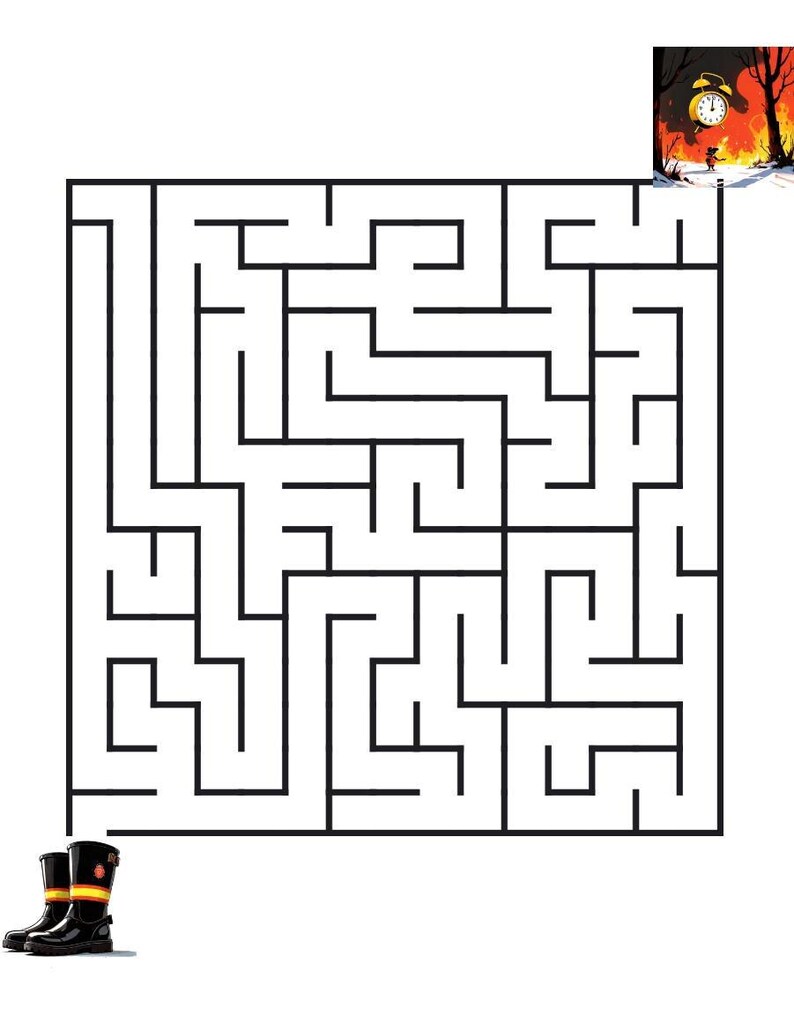 Peut inclure: Un labyrinthe carr&eacute; avec des lignes noires sur fond blanc. Dans le coin sup&eacute;rieur droit, une petite illustration montre un personnage debout dans une for&ecirc;t enneig&eacute;e avec un grand r&eacute;veil jaune dans le ciel. Deux bottes de pluie noires sont en bas.