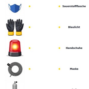 Peut inclure: Une fiche d'exercices &eacute;ducative intitul&eacute;e Match words with the correct pictures, pr&eacute;sentant un masque bleu, des gants noirs, un gyrophare rouge, une corde enroul&eacute;e et une bouteille d'oxyg&egrave;ne argent&eacute;e, avec des &eacute;tiquettes en allemand.