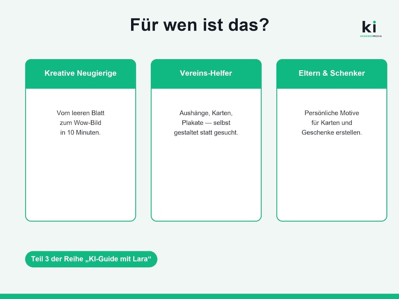 May include: An informational graphic titled F&uuml;r wen ist das? featuring three green-topped boxes labelled Kreative Neugierige, Vereins-Helfer, and Eltern & Schenker, with descriptive text under each and a footer labelled Teil 3 der Reihe KI-Guide mit Lara.