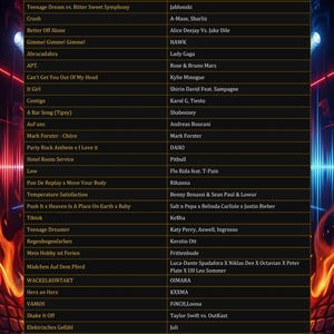 K&ouml;nnte beinhalten: Eine digitale Playlist mit dem Titel PLAYLIST Dorffest, dargestellt in einem Tabellenformat mit zwei Spalten namens TITEL und ARTIST. Die Liste enth&auml;lt verschiedene Songtitel und Interpreten vor einem dunklen Hintergrund mit Neonlichteffekten.