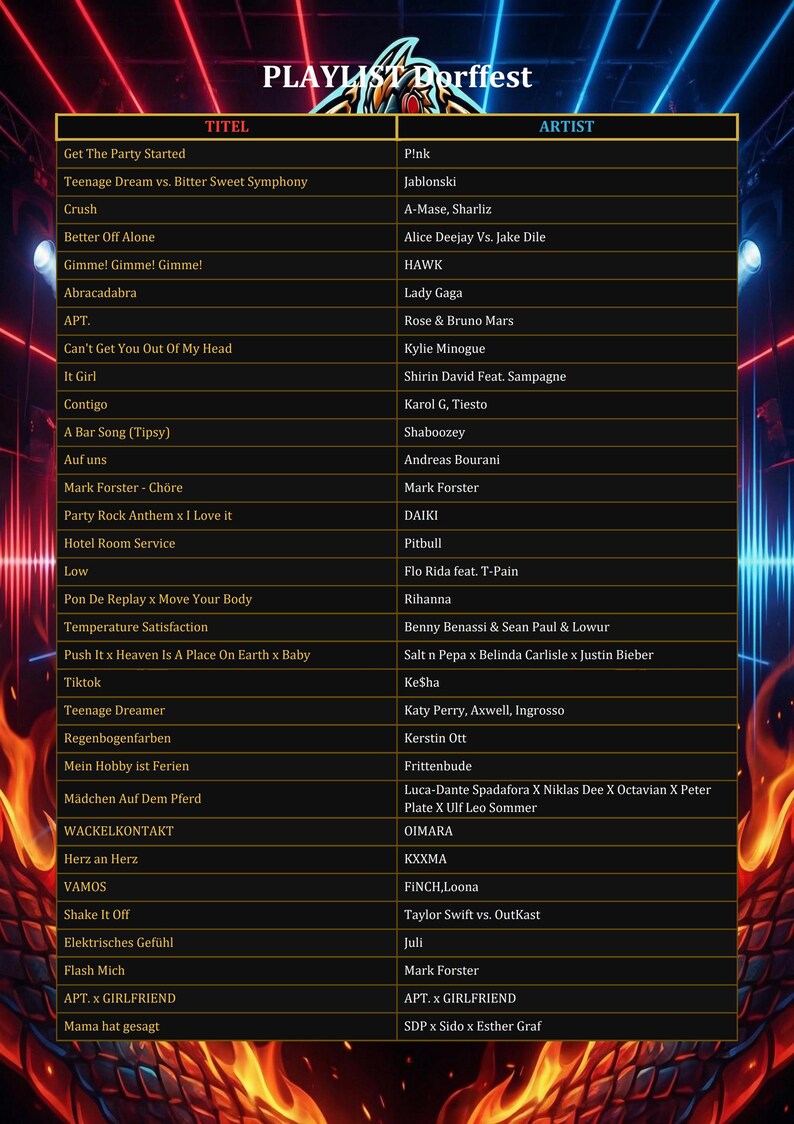 K&ouml;nnte beinhalten: Eine digitale Playlist mit dem Titel PLAYLIST Dorffest, dargestellt in einem Tabellenformat mit zwei Spalten namens TITEL und ARTIST. Die Liste enth&auml;lt verschiedene Songtitel und Interpreten vor einem dunklen Hintergrund mit Neonlichteffekten.