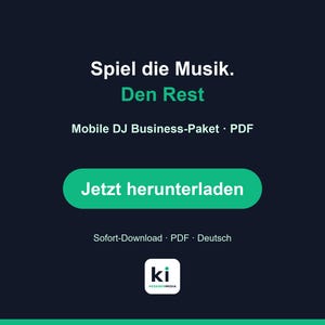 K&ouml;nnte beinhalten: Eine dunkelblaue Grafik f&uuml;r einen digitalen Download mit dem wei&szlig;en und gr&uuml;nen Text Spiel die Musik. Den Rest, Mobile DJ Business-Paket PDF, Jetzt herunterladen und Sofort-Download PDF Deutsch sowie einem kleinen wei&szlig;en Logo mit den Buchstaben ki.