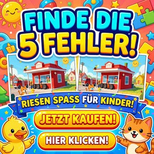 May include: A colorful children's puzzle game advertisement. The image features the text "FIND THE 5 ERRORS!" in blue and yellow, along with the text "GIANT FUN FOR KIDS!" and two buttons that say "BUY NOW!" and "CLICK HERE!" The image also includes cartoon illustrations of a duck, a cat, and a scene with a red building and a fire truck.