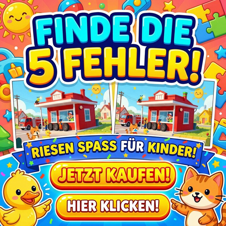 May include: A colorful children's puzzle game advertisement. The image features the text "FIND THE 5 ERRORS!" in blue and yellow, along with the text "GIANT FUN FOR KIDS!" and two buttons that say "BUY NOW!" and "CLICK HERE!" The image also includes cartoon illustrations of a duck, a cat, and a scene with a red building and a fire truck.