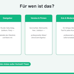 May include: A white infographic with green headers titled F&uuml;r wen ist das? featuring three columns for Gastgeber, Vereine & Firmen, and DJs & Moderatoren. Each section lists event types and benefits in German text, with a final green button at the bottom.