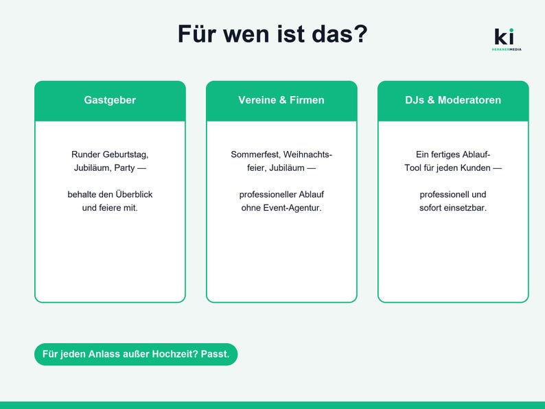 May include: A white infographic with green headers titled F&uuml;r wen ist das? featuring three columns for Gastgeber, Vereine & Firmen, and DJs & Moderatoren. Each section lists event types and benefits in German text, with a final green button at the bottom.