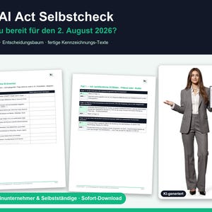 Op de afbeelding: Een digitaal document getiteld EU AI Act Selbstcheck met een checklist en beslissingsboom. Het bevat twee pagina's met tekst in het Duits en een afbeelding van een persoon in een grijs pak die een klembord vasthoudt. De tekst bevat de datum 2. August 2026.
