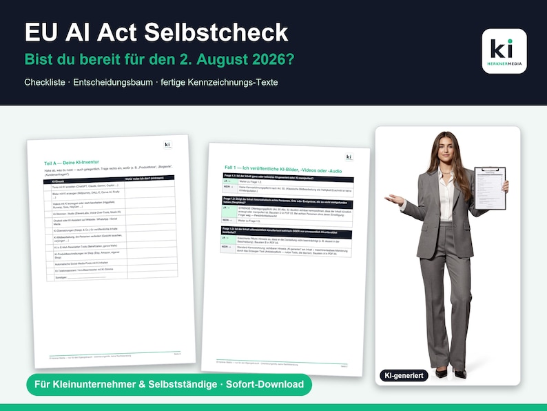 Puede incluir: Un documento digital titulado EU AI Act Selbstcheck con una lista de verificaci&oacute;n y un &aacute;rbol de decisiones. Incluye dos p&aacute;ginas de texto en alem&aacute;n y un gr&aacute;fico de una persona con traje gris sosteniendo un portapapeles. El texto incluye la fecha 2. August 2026.