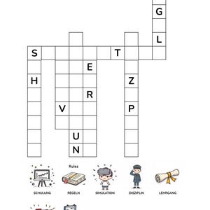 K&ouml;nnte beinhalten: Ein Kreuzwortr&auml;tsel mit schwarzen K&auml;stchen und Buchstaben, darunter sieben illustrierte Symbole mit den Beschriftungen: SCHULUNG, REGELN, SIMULATION, DISZIPLIN, LEHRGANG, MAN&Ouml;VER und AUSR&Uuml;STUNG. Das Gitter enth&auml;lt die Buchstaben S, T, G, L, H, E, R, V, U, N, Z, P.