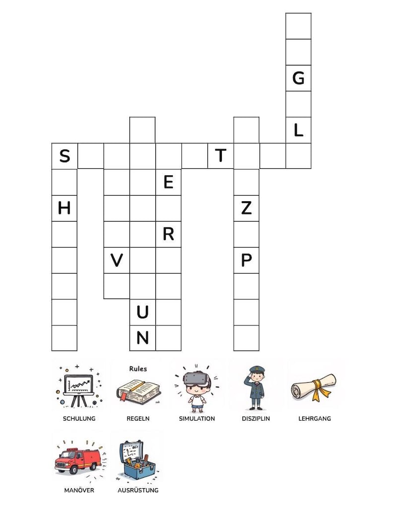 K&ouml;nnte beinhalten: Ein Kreuzwortr&auml;tsel mit schwarzen K&auml;stchen und Buchstaben, darunter sieben illustrierte Symbole mit den Beschriftungen: SCHULUNG, REGELN, SIMULATION, DISZIPLIN, LEHRGANG, MAN&Ouml;VER und AUSR&Uuml;STUNG. Das Gitter enth&auml;lt die Buchstaben S, T, G, L, H, E, R, V, U, N, Z, P.