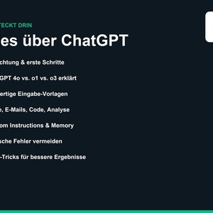 Pu&ograve; includere: Un grafico informativo blu scuro intitolato Alles &uuml;ber ChatGPT con un logo bianco nell'angolo. Elenca argomenti tra cui configurazione, confronti tra modelli, 50+ prompt, analisi di testo e codice, istruzioni personalizzate e consigli.